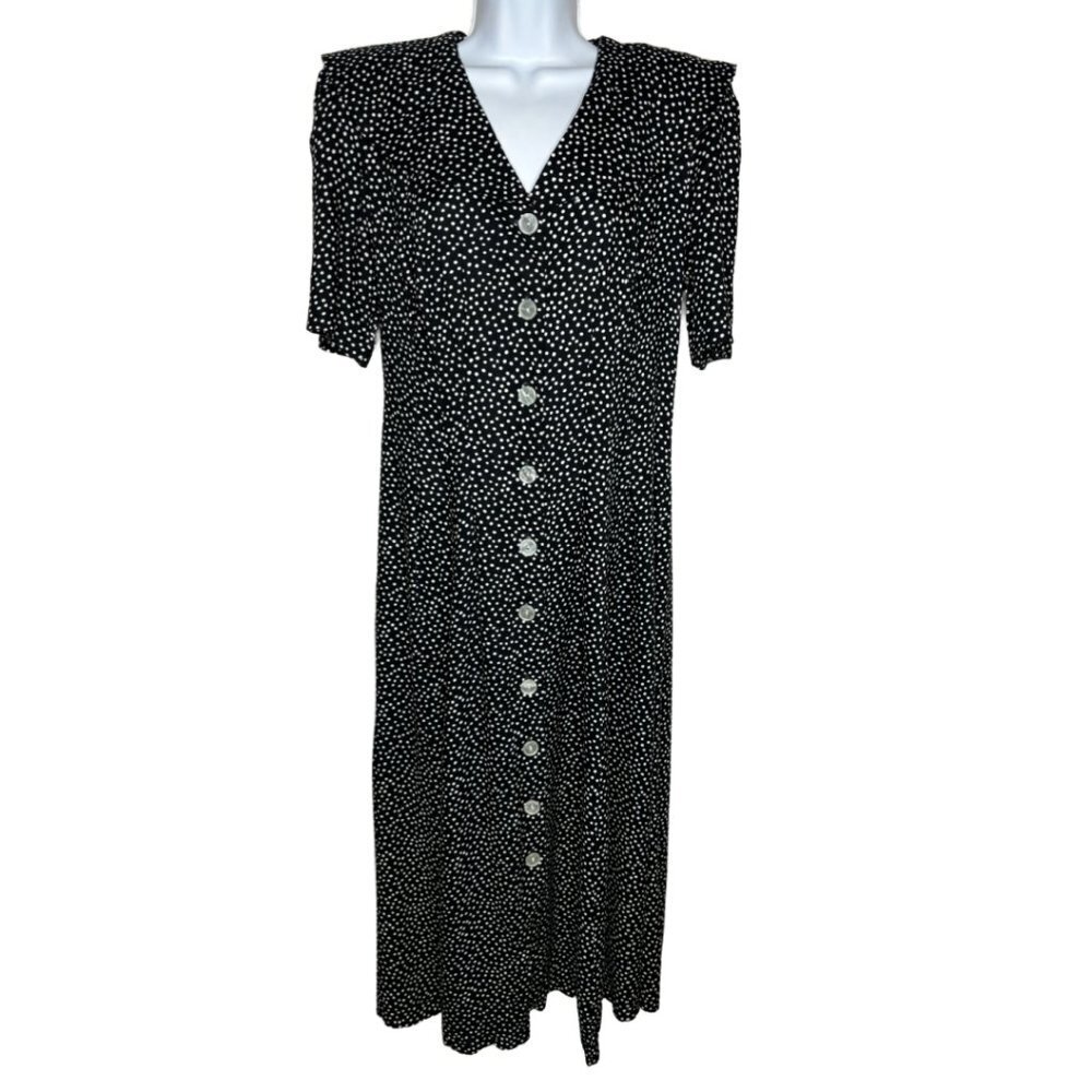 Vtg Ellen Ashley Sz 10  Polka Dot  Maxi Dress, Black (1362)